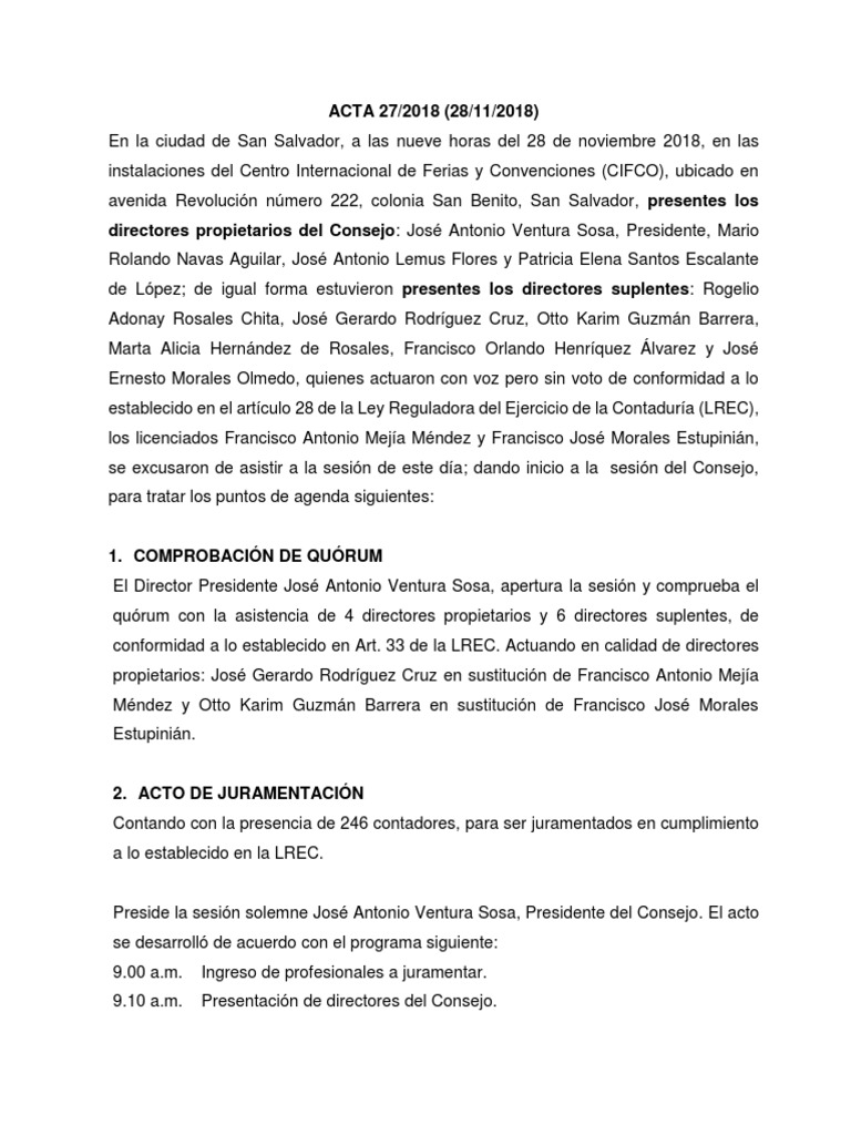 Acta 27 2018 JURAMENTACION DEFINITIVA PDF Empresas Contabilidad