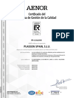 Certificado AENOR ISO 9001 PLASSON SPAIN