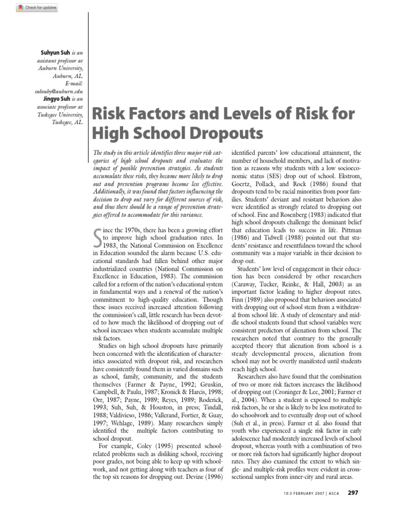 Risk Factors and Levels of Risk For High School Dropouts: Suhyun Suh Is ...