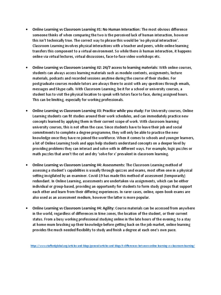 Online Learning Vs Classroom Learning Pdf Educational Technology