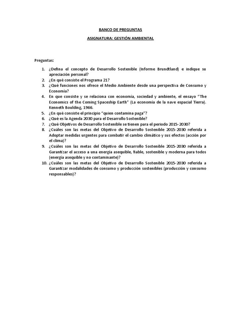 Banco de Preguntas Gestión Ambiental | PDF | Ciencias sociales