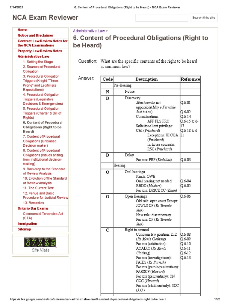 Content of Procedural Obligations (Right To Be Heard) NCA Exam Reviewer PDF Discovery (Law