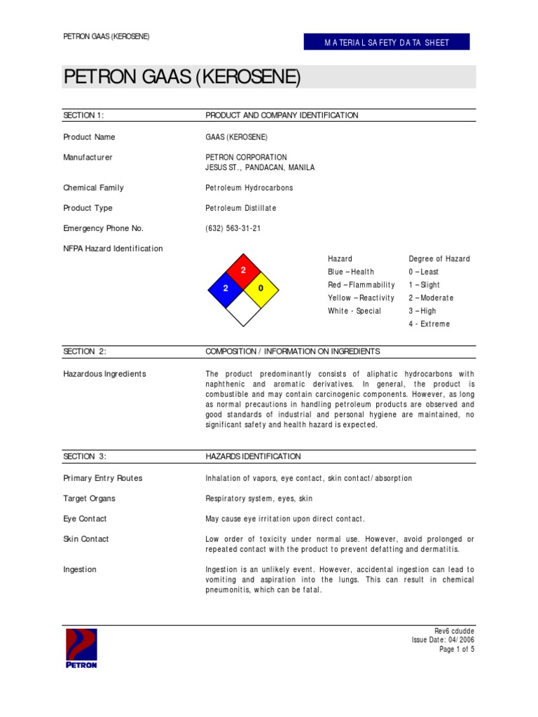 Petron Gaas (Kerosene) Material Safety Data Sheet PDF Combustion