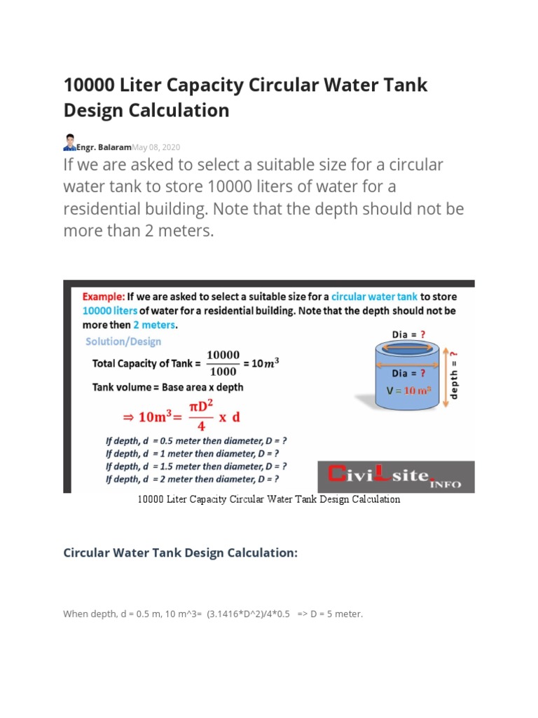 Liter Capacity Circular Water Tank Design Calculation PDF