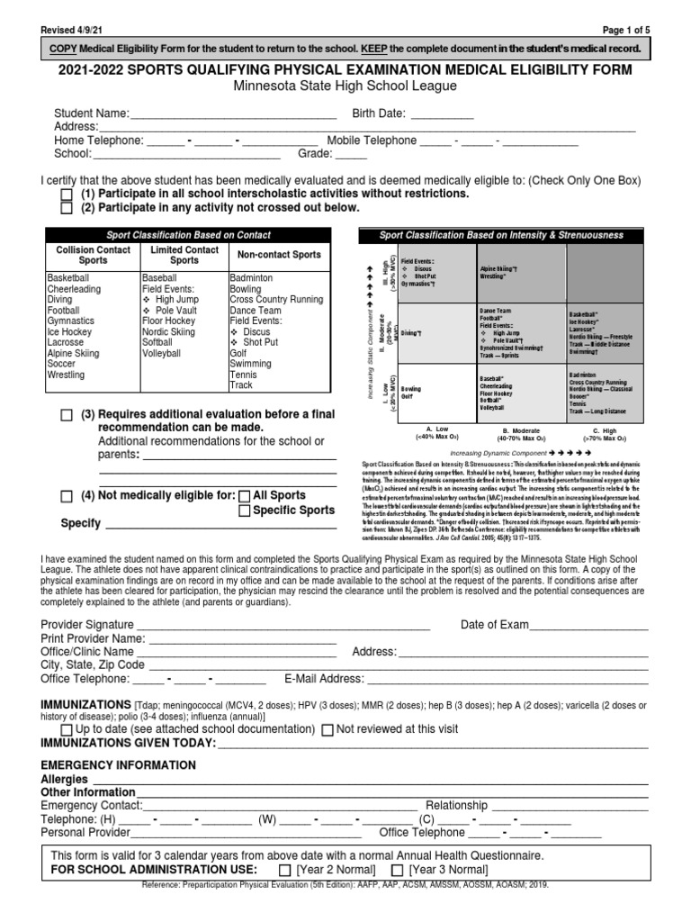 MSHSL Sports Physical Form 202122 PDF Diseases And Disorders