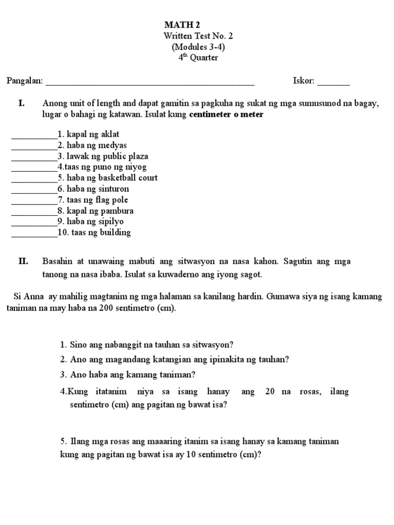 Math2 2nd-Written-Test Q4 | PDF