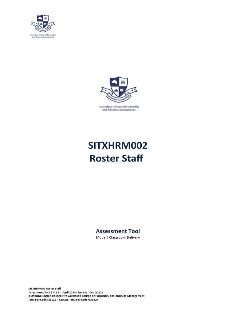 Assessment Tool SITXHRM002 Roster Staff PDF Overtime Employment