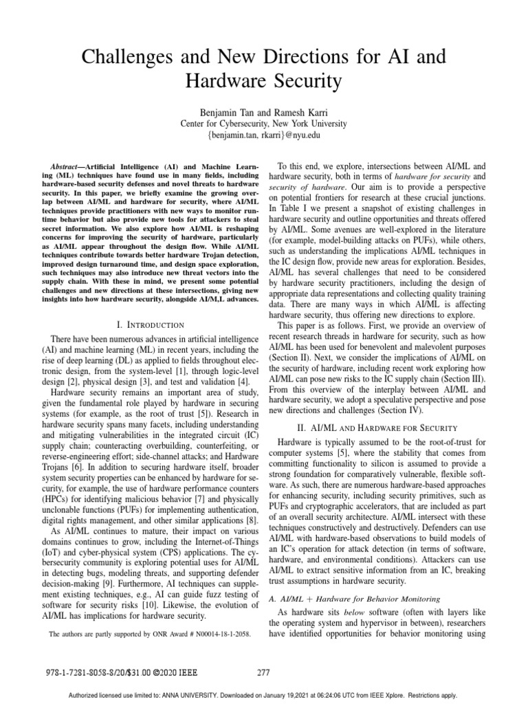 Challenges and New Directions For AI and Hardware Security | PDF ...