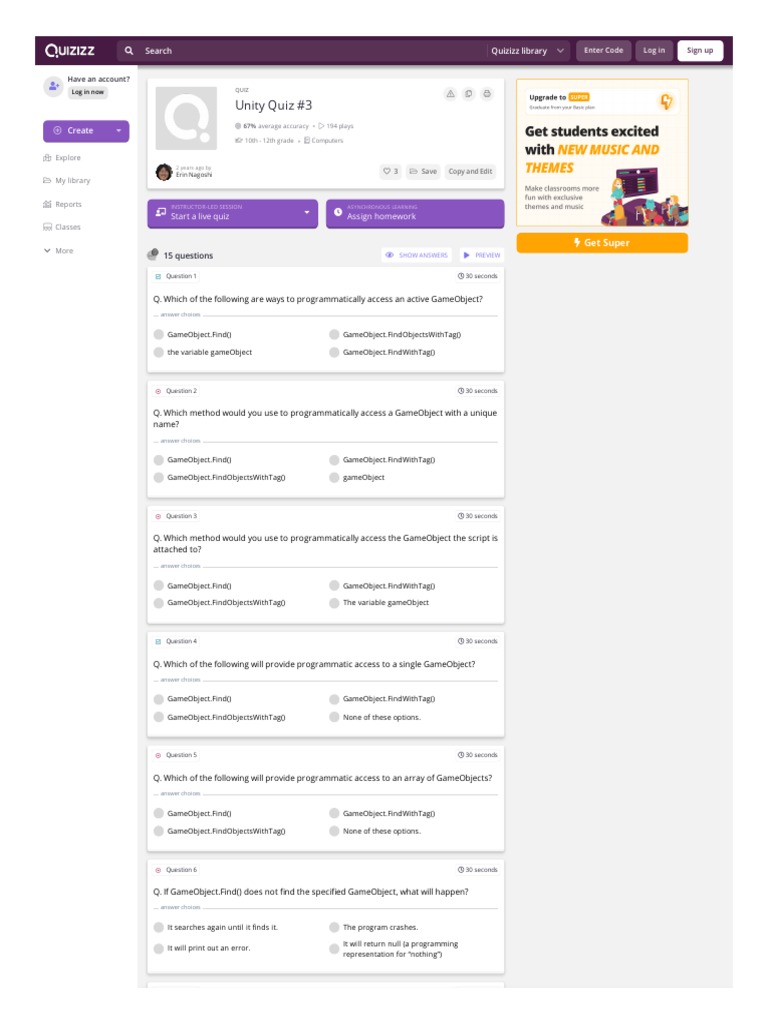Quizizz Com Admin Quiz 5c6eeedd8383f5001a297927 Unity Quiz | PDF ...