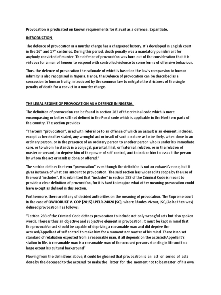 Understanding Provocation as a Defense | PDF | Manslaughter | Deviance ...