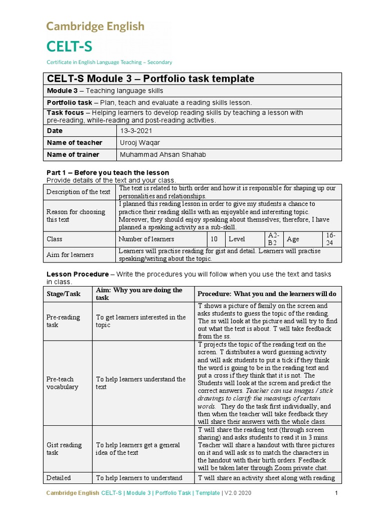 CELT S Module 3 Task Template | PDF | Reading Comprehension | Psychology