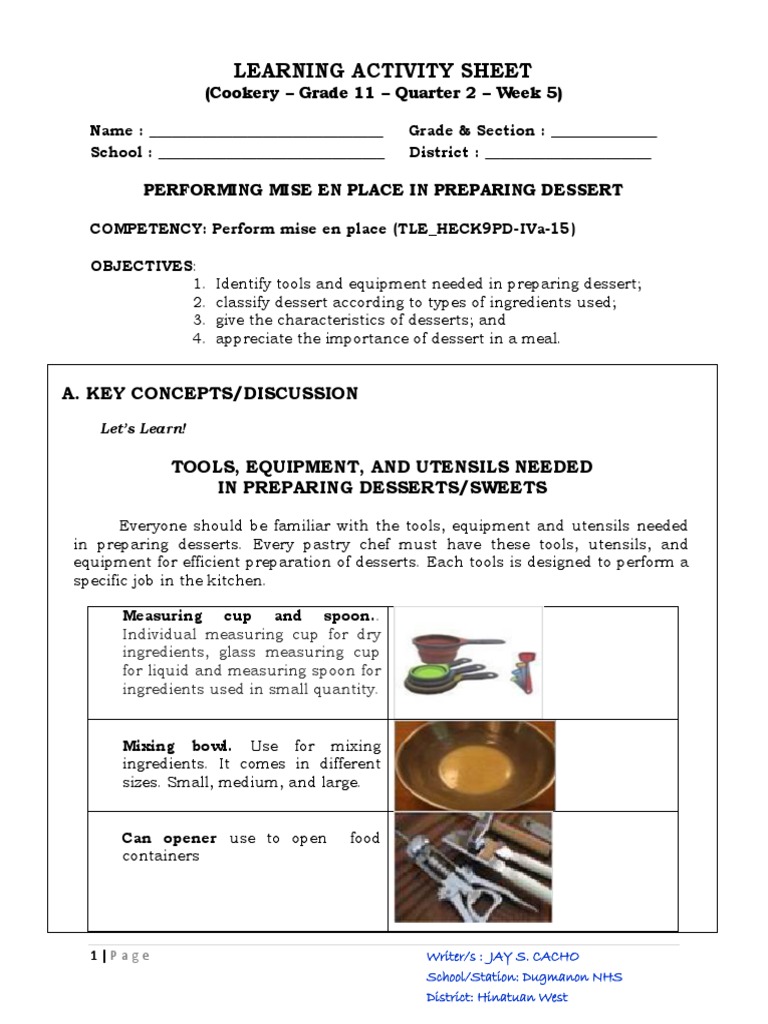 Preparing Desserts Tools, Equipment, Types and Characteristics PDF