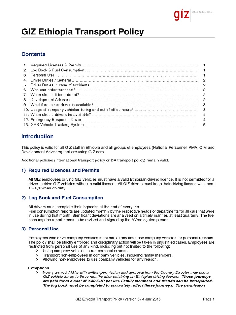 GIZ Ethiopia Transport Policy Overview | PDF | Driver's License | Vehicles