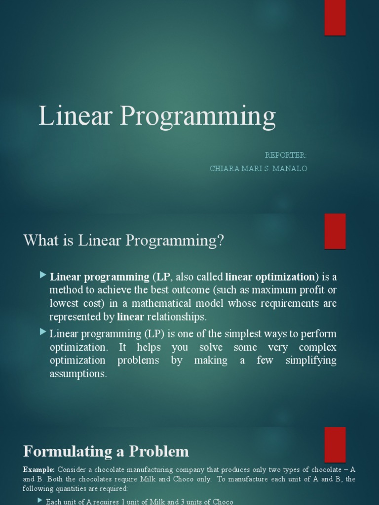 Linear Programming: Reporter: Chiara Mari S. Manalo | PDF | Linear ...