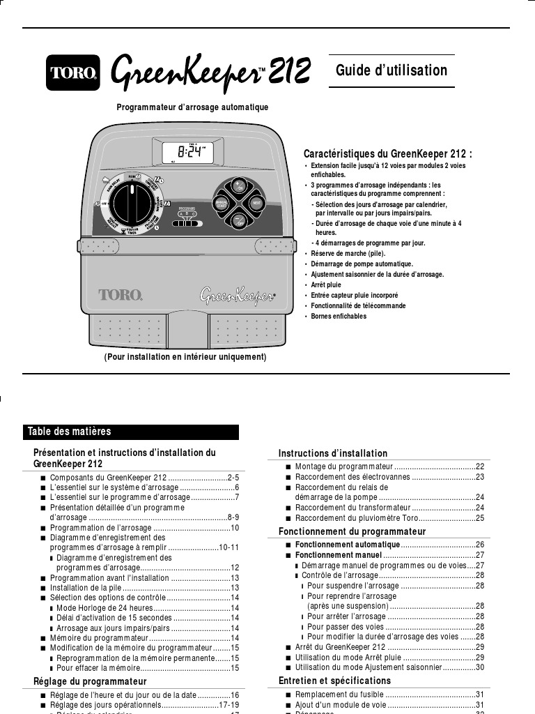 Programmateur D Arrosage Toro Mode D Emploi Notice Toro Greenkeeper 212 | PDF | Heure | Interrupteur