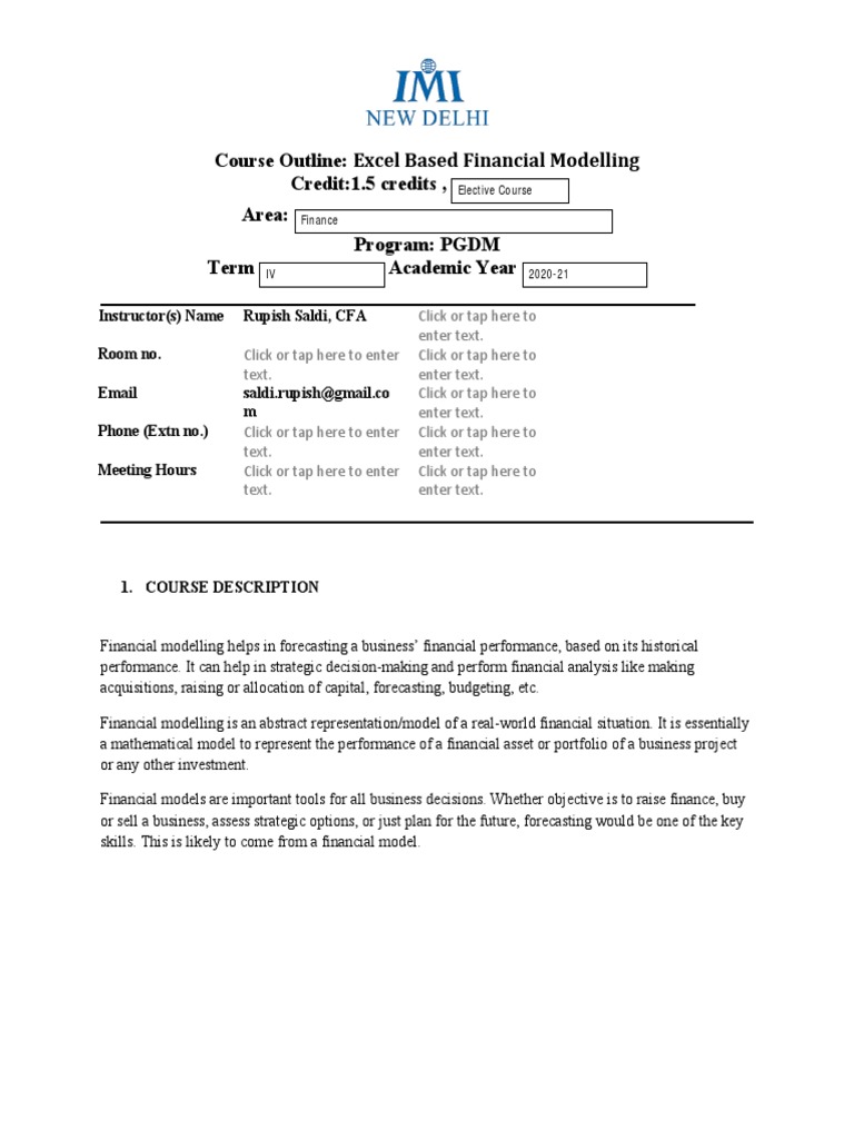 Course Outline Financial Modeling PGDM | PDF | Financial Modeling ...