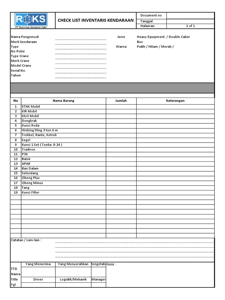Form Checklist Inventaris Kendaraan | PDF
