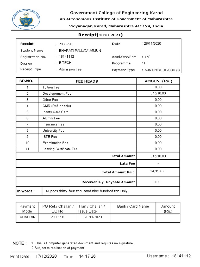 Receipt : An Autonomous Institute of Government of Maharashtra ...