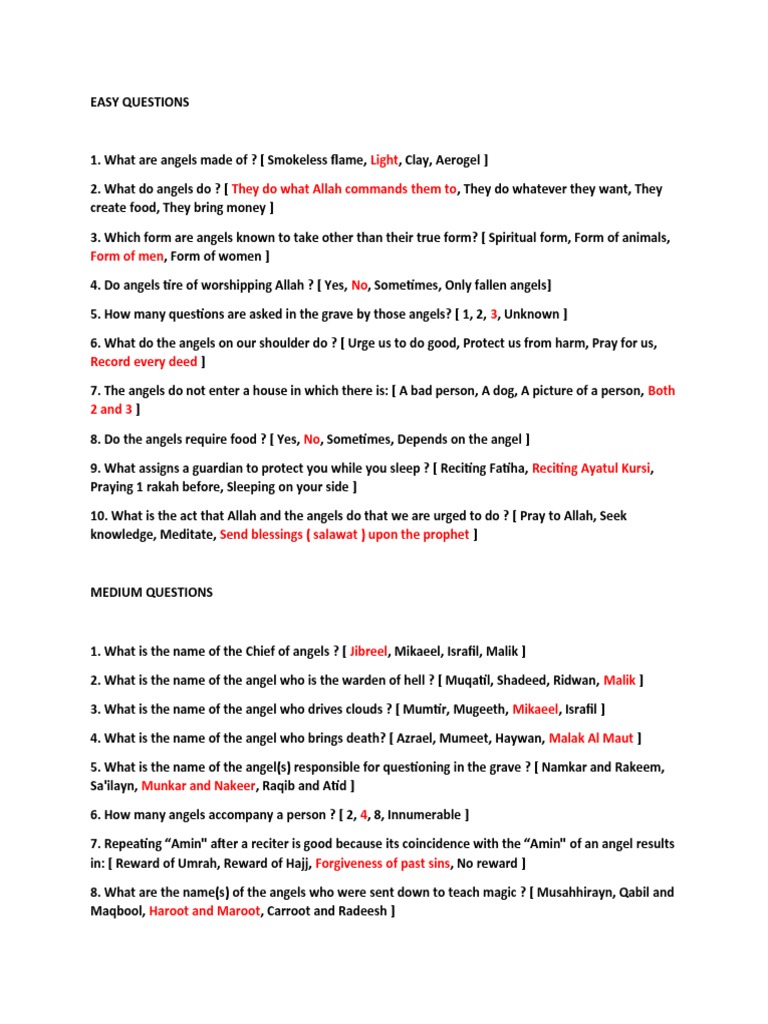 Angel Questions and Answers Quiz | PDF | Muhammad | Abrahamic Religions