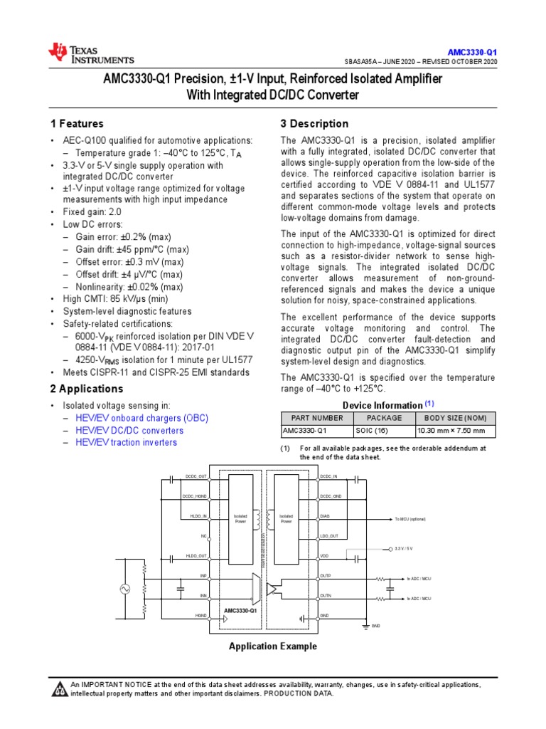 AMC3330Q1 Precision, 1V Input, Reinforced Isolated Amplifier With