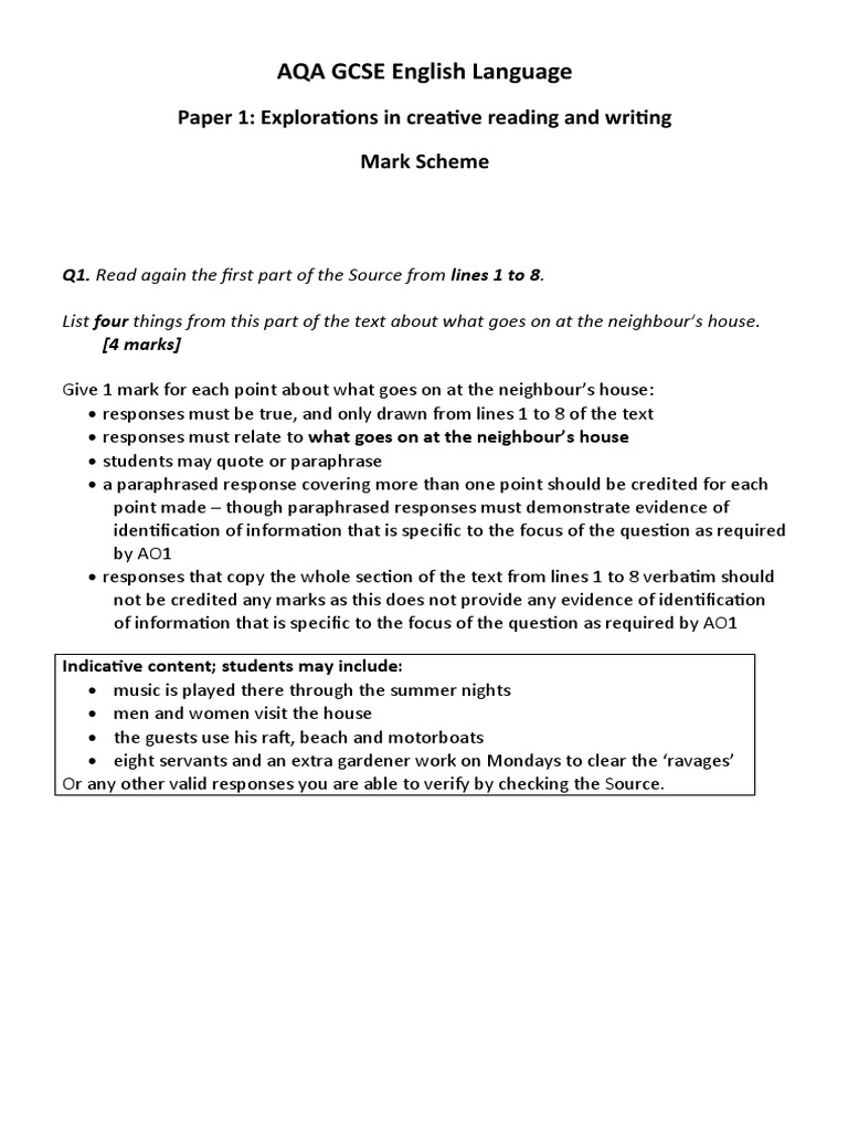 AQA GCSE English Language Paper 1 Mark Scheme | PDF | Writers | Subject ...