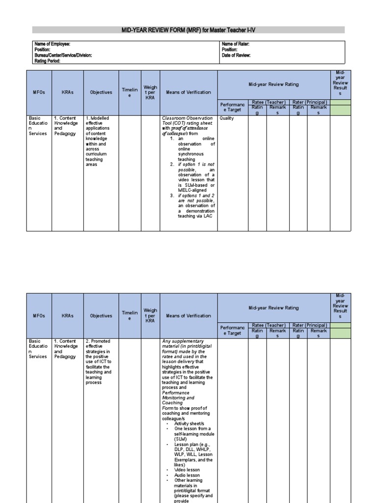 MID-YEAR REVIEW FORM (MRF) For Master Teacher I-IV | PDF | Teachers ...