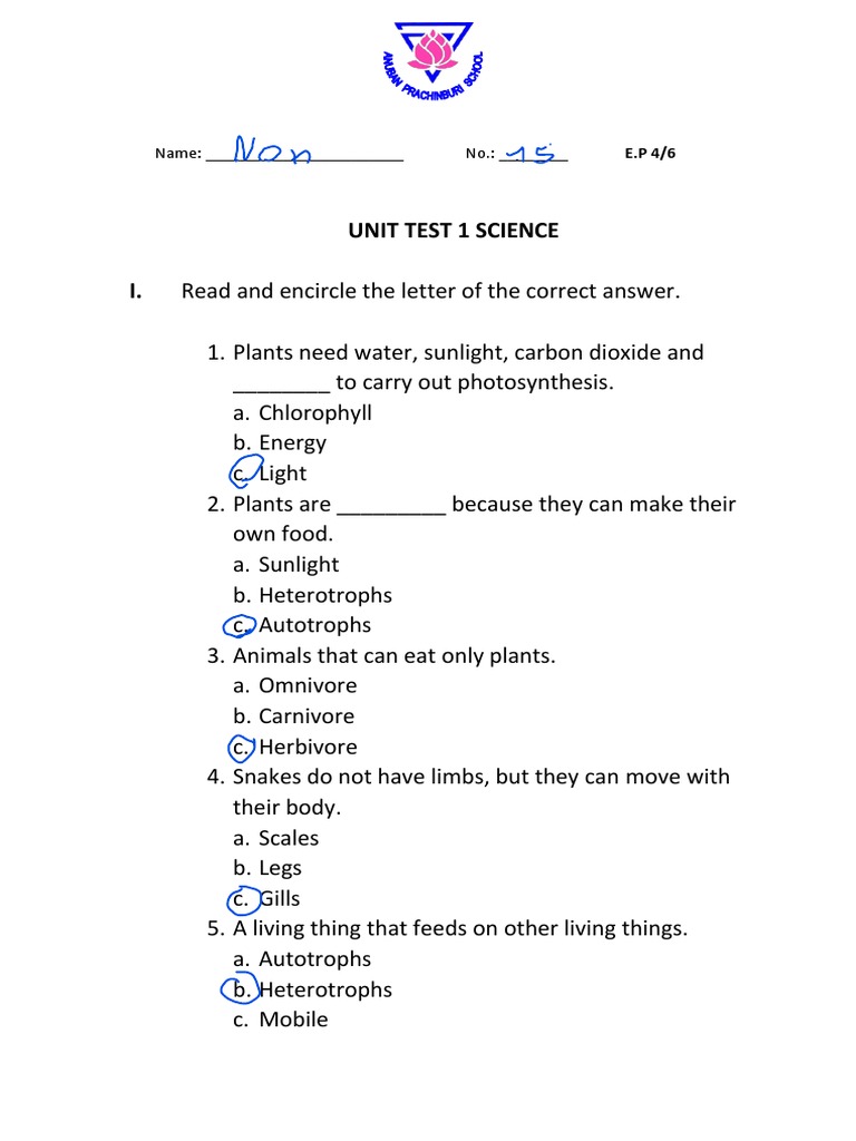 Unit Test 1 Science I.: Name: - No. | PDF