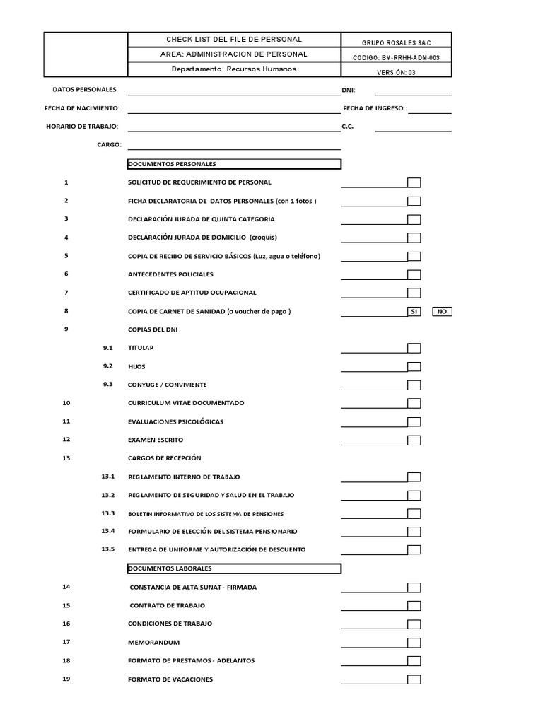 FORMATO 11 - Check List File Del Personal | PDF