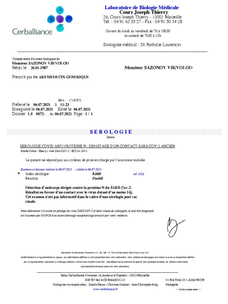 Cerballiance Res 20210706 210706L5007201 PDF Sérologie Laboratoire de biologie médicale