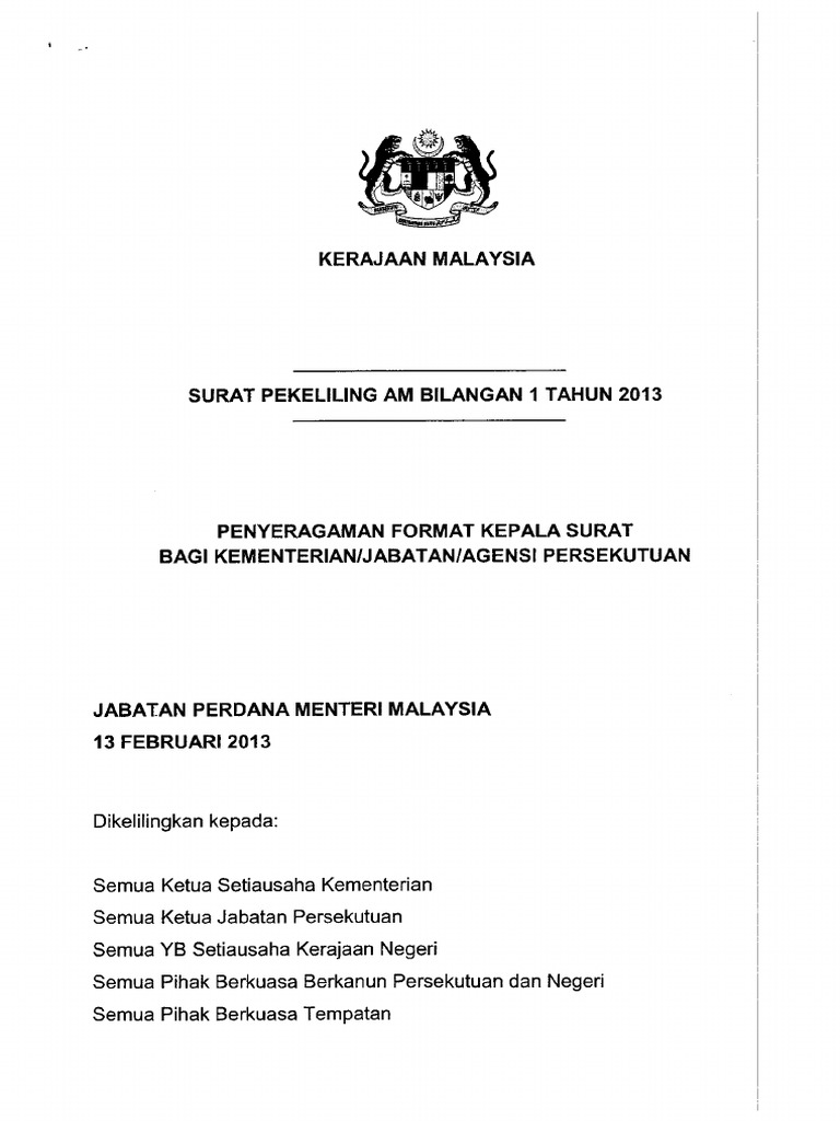 Surat Pekeliling Am Bil 1 Tahun 2013 - Penyeragaman Format Kepala Surat ...