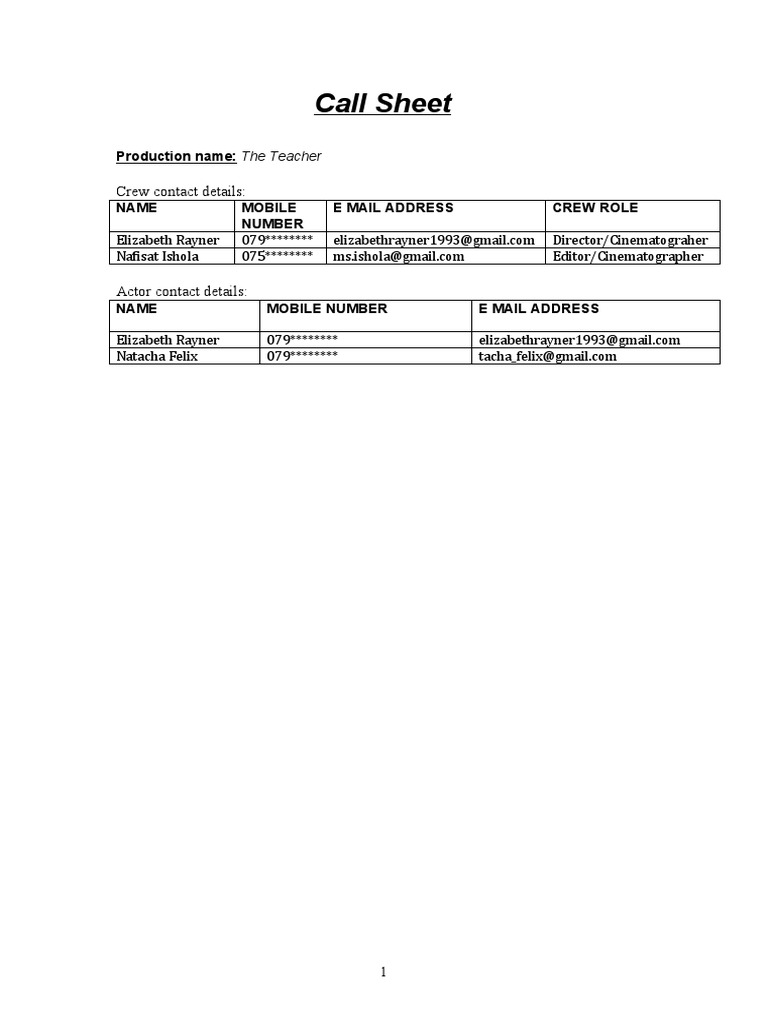 Call Sheet for The Teacher Production | PDF