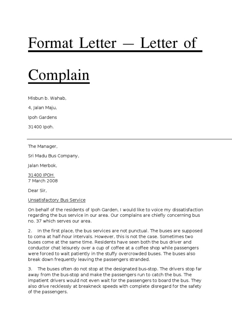 Formal letter complaint about bus service essay spm