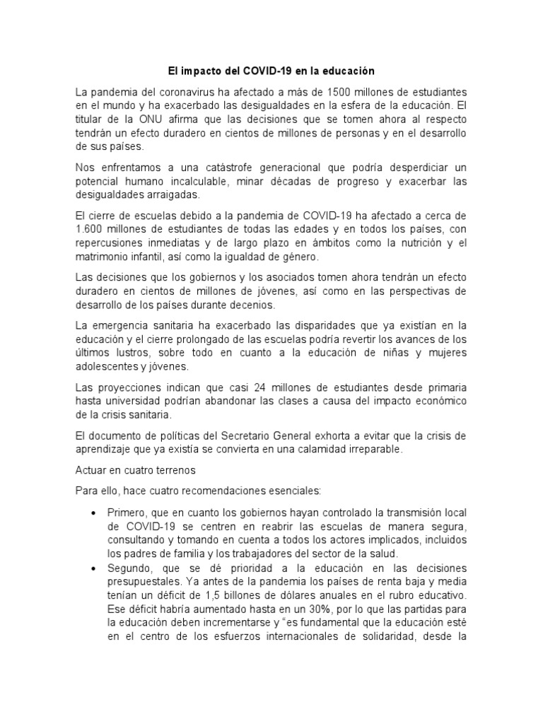 Impacto del COVID-19 en la educación global | PDF | México | Salud y ...