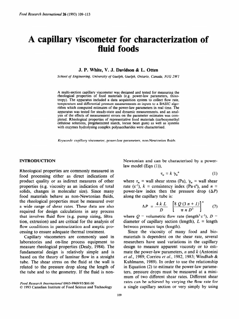 A Capillary For Characterization of Fluid Foods PDF