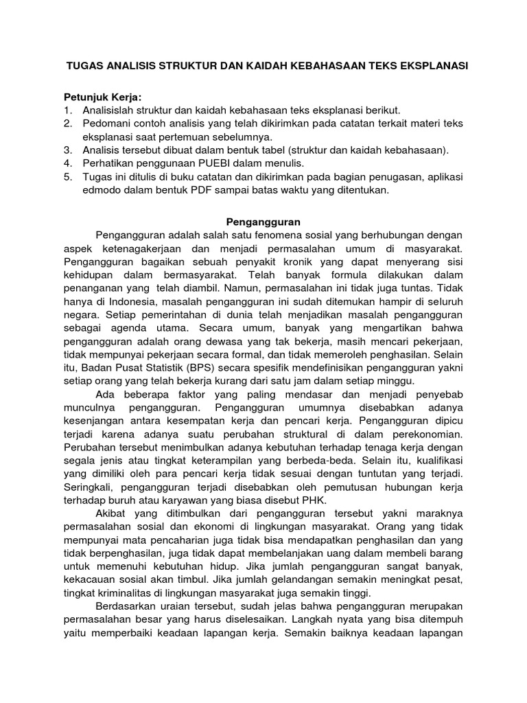 Tugas Analisis Struktur Dan Kaidah Kebahasaan Teks Eksplanasi Pengangguran