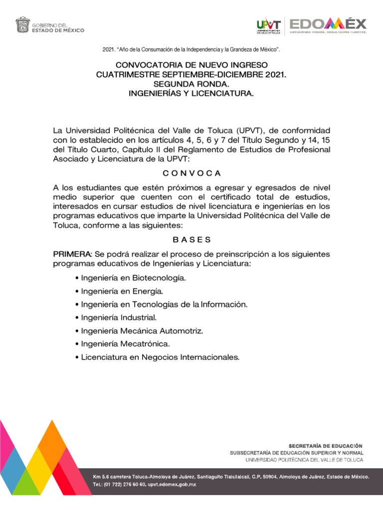 Convocatoria Universidad Politécnica Del Valle de Toluca Segunda Ronda 2021  | PDF