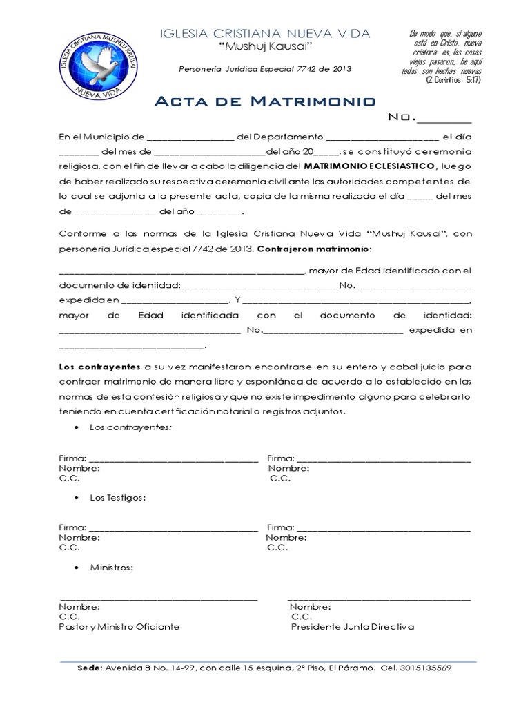 Acta de matrimonio para ceremonias simbólicas