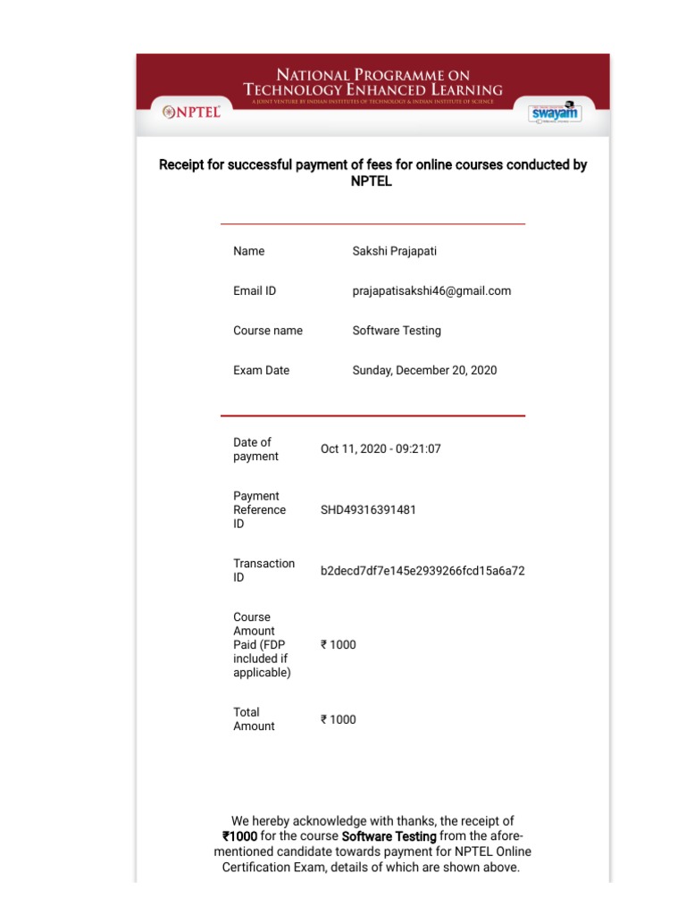 NPTEL Online Course Payment Receipt | PDF