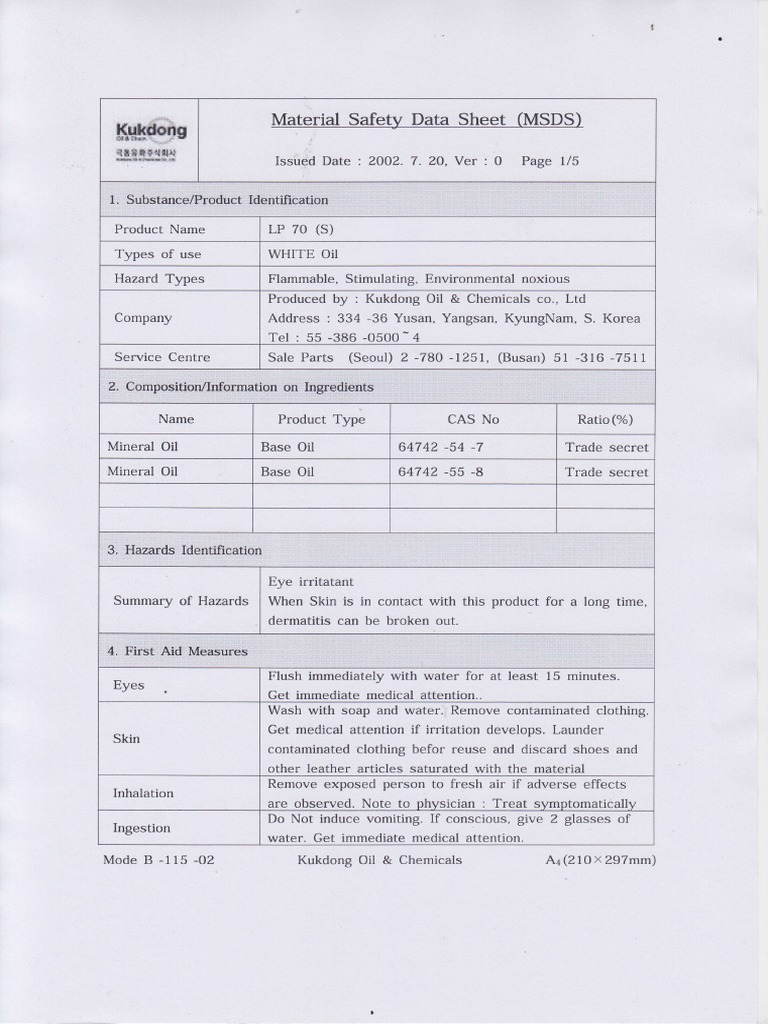 LP 70 (MSDS) (1) Kukdong Oil PDF Toxicity Personal Protective