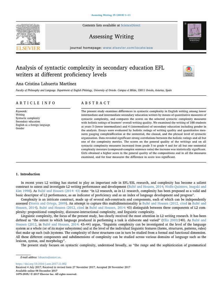 Analysis of Syntactic Complexity in Secondary Education EFL | PDF ...