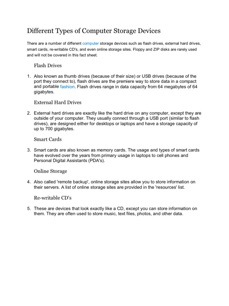 Different Types of Computer Storage Devices PDF Computer Data