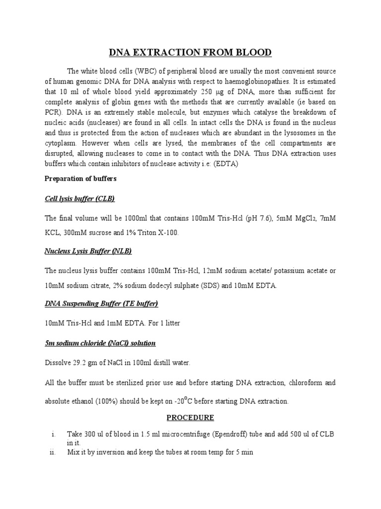 DNA Extraction Protocol from Blood | PDF | Cell (Biology) | Dna