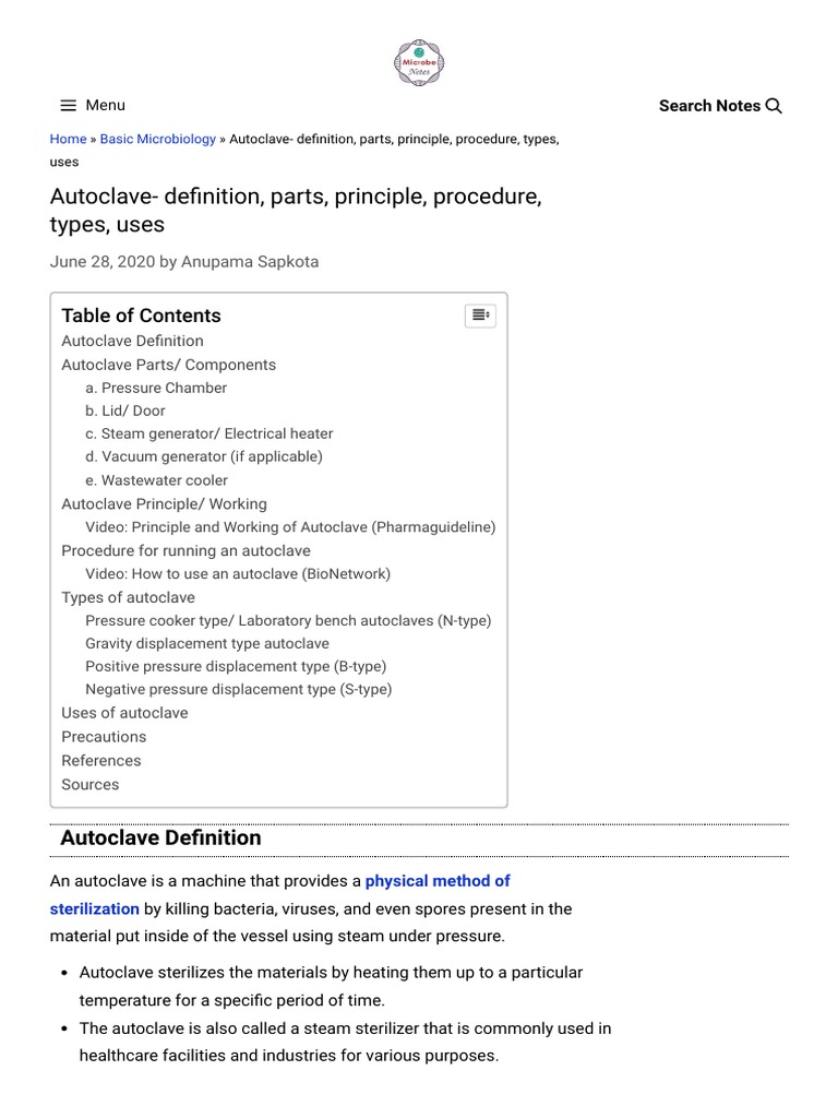 Autoclave Definition Parts Principle Procedure Types Uses PDF Sterilization Microbiology Pressure Cooking