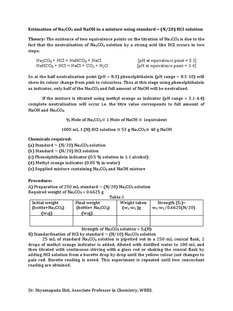 1 Estimation of Na2CO3 and NaOH in A Mixture Using HCL PDF