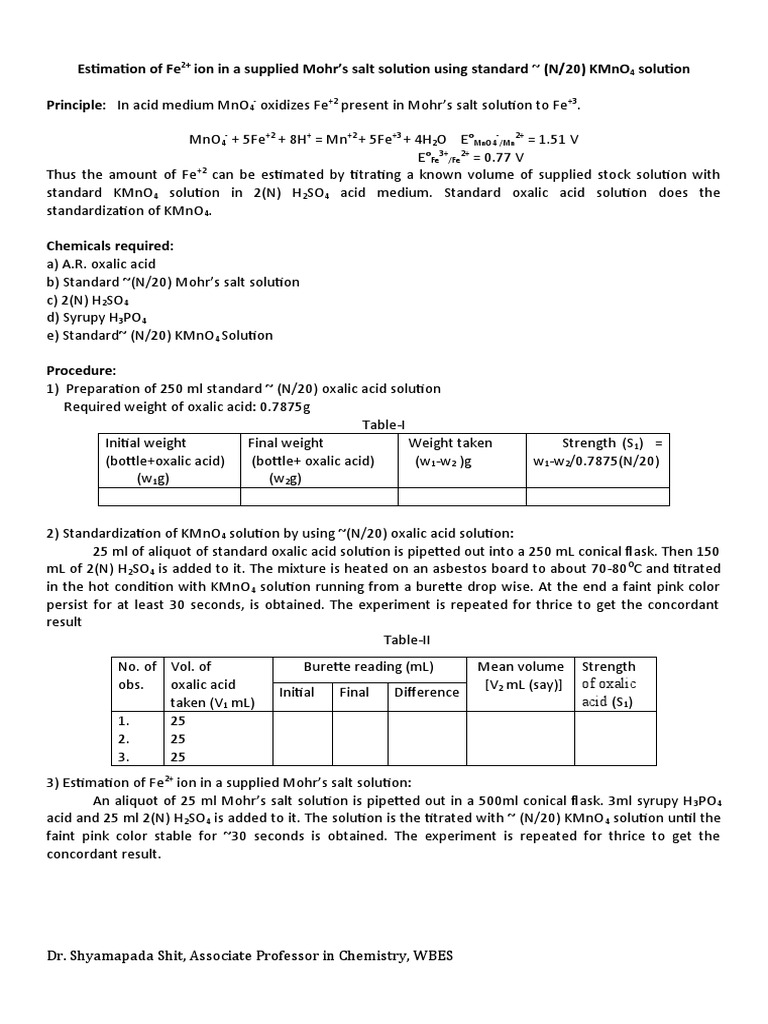 4 Estimation of Fe2 by KMnO4 PDF Titration Chemistry