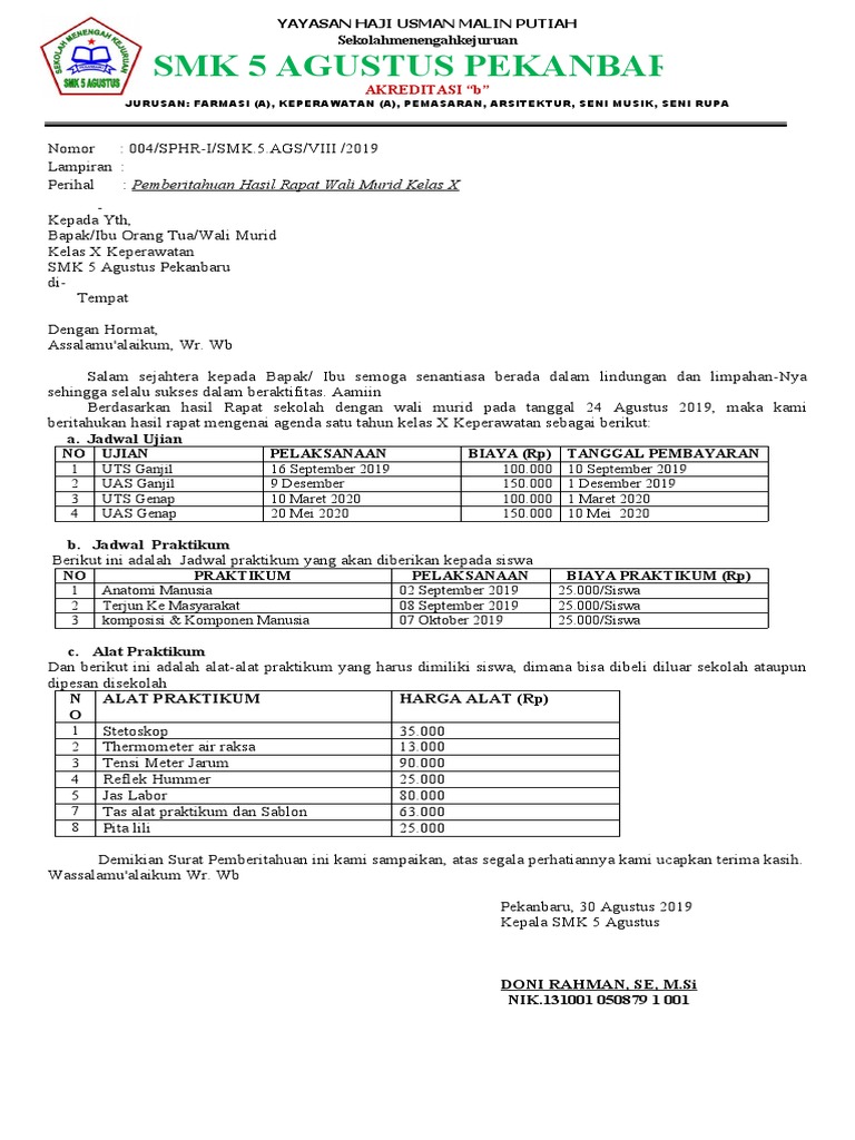 Surat Pemberitahuan Hasil Rapat X, XI | PDF