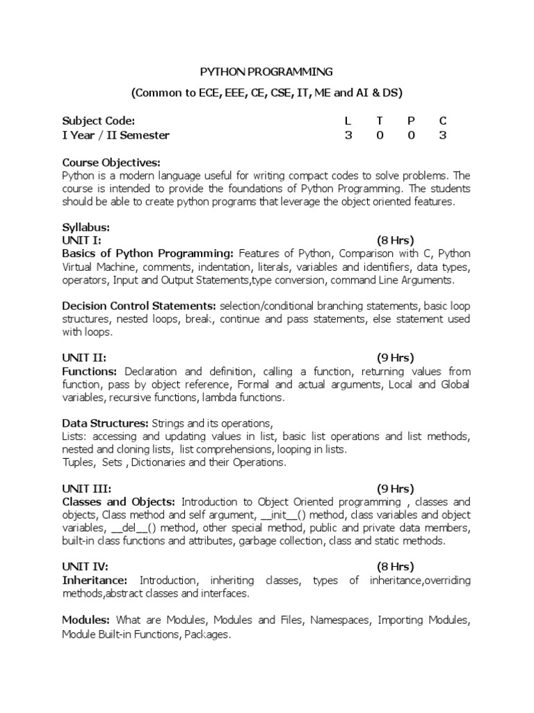 PYTHON PROGRAMMING R20 Syllabus | PDF | Class (Computer Programming ...