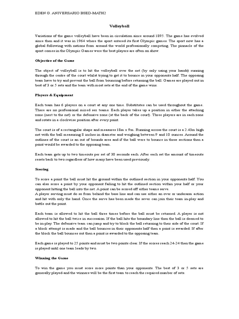 Volleyball Objective of The Game PDF Volleyball Teams