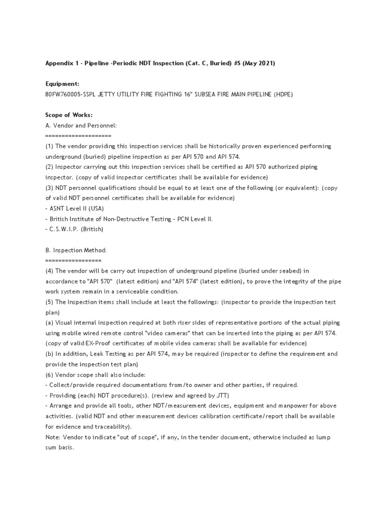 Appendix 1 - Pipeline - Periodic NDT Inspection (Cat. C, Buried) #S ...