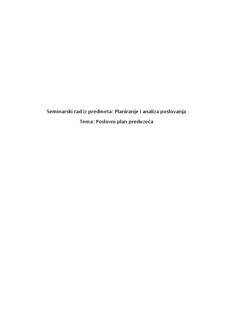 Poslovni Plan Preduzeća Seminarski | PDF